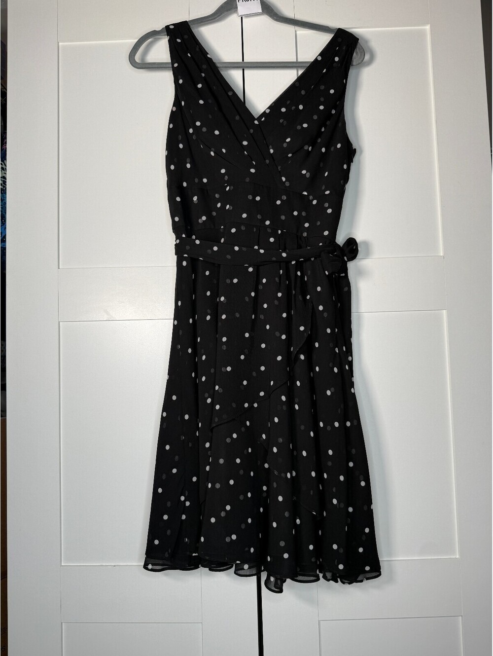 White House Black Market Black White Polka Dot Fit & Flare Dress V Neck